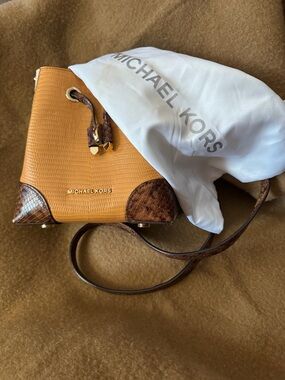 Michael Kors Tan, Cream & Brown Snake Print Mini Bucket Crossbody w/ Top Handle